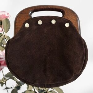 Vintage Brown Suede Handbag Wood Handle Mother of Pearl Buttons Boho Clutch